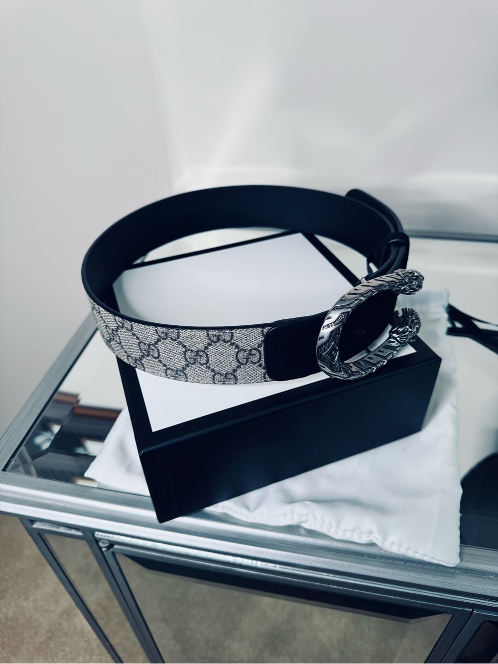 Gucci Monogram and Black Leather and Suede Belt with Silver Dionysus Buckle